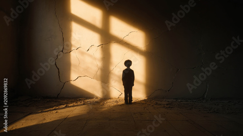 A lone child standing in a dimly lit room, illuminated by a single window with strong shadow patterns on the cracked wall. The scene evokes a sense of solitude and contemplation