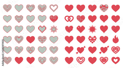Eine umfangreiche Sammlung von verschiedenen Herz-Symbolen und grafischen Elementen in Rot und Grau, ideal für Valentinstag-Designs, romantische Grußkarten und kreative Projekte.