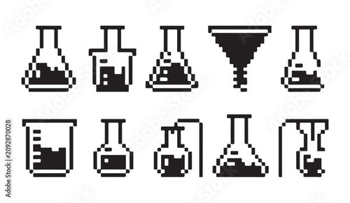 Fotografía Pixel art chemistry flasks and laboratory equipment set for retro game design