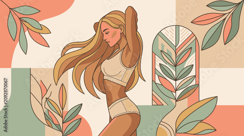 Eine elegante Illustration einer jungen Frau mit langem Haar in einer entspannten Pose, umgeben von botanischen Elementen und abstrakten geometrischen Formen in sanften Pastellfarben.