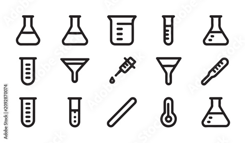 Quadro su tela Chemistry outline icons set including erlenmeyer flask thermometer funnel and test tube