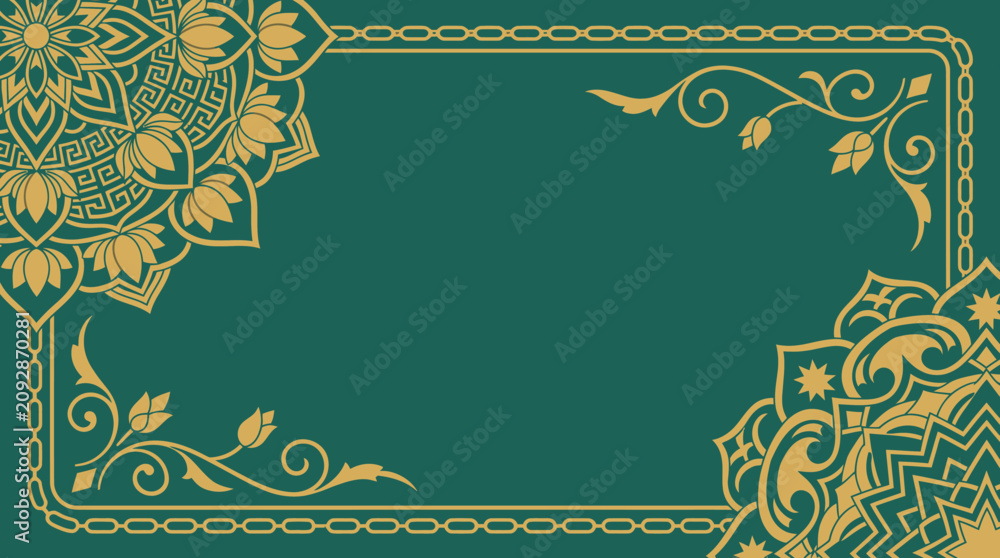 Fototapeta premium Cadre décoratif de style mandala avec des motifs floraux dorés sur fond vert sarcelle, idéal pour les invitations et les cartes.