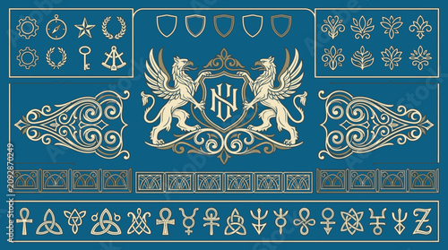 Elegante colección de elementos heráldicos dorados con un escudo central de grifos, bordes ornamentales y símbolos antiguos sobre fondo azul, perfecta para diseños de lujo y estilo vintage.