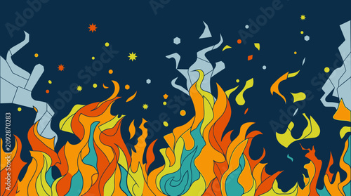 Abstrakte Illustration von flammenden Feuerzungen in leuchtenden Farben mit geometrischen Elementen vor einem dunkelblauen Hintergrund für kreative grafische Designs.