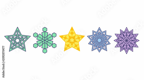 Eine Reihe von fünf farbenfrohen, geometrischen Stern- und Schneeflocken-Symbolen mit komplexen Mustern, isoliert auf einem weißen Hintergrund für festliche Grafikdesigns.
