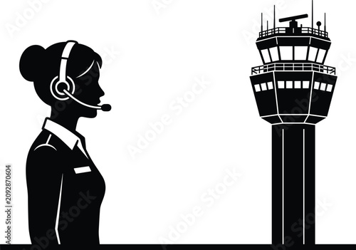Foto Female air traffic controller wearing headset next to an airport control tower b