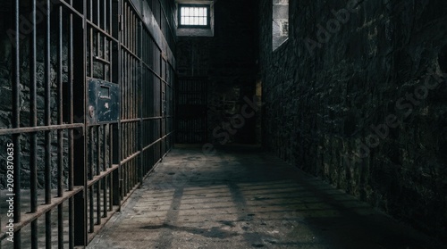 A dark, imposing prison corridor stretches into the distance. A barred window illuminates a narrow stone passage.