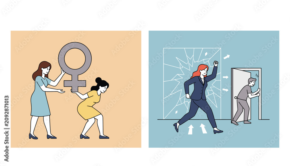 Fototapeta premium Empowering illustration of women supporting each other to lift a heavy symbol and breaking through a literal glass ceiling in business.