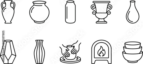 Tableau sur toile Collection of ceramic vessels and pottery kiln in linear style on a white backgr