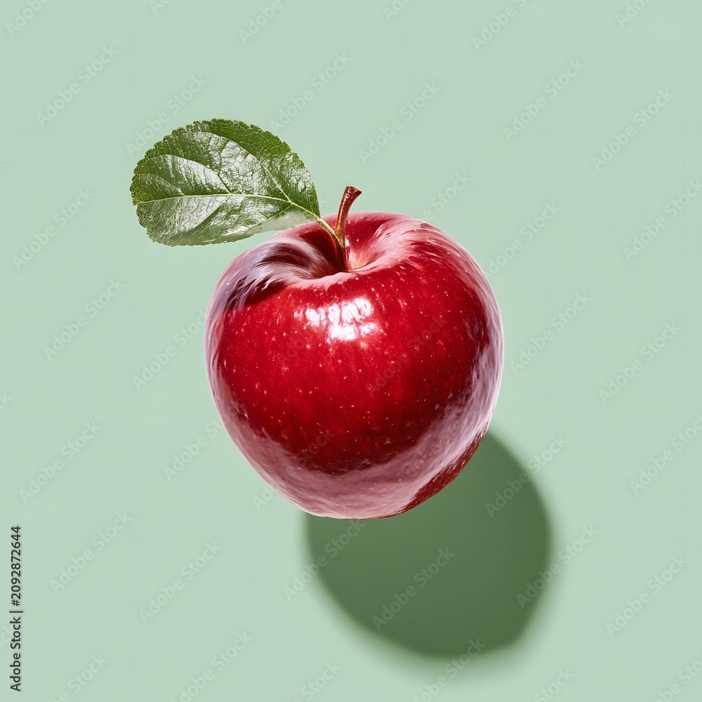 Fototapeta premium Fresh Red Apple with Leaf Floating on Sage Green Background