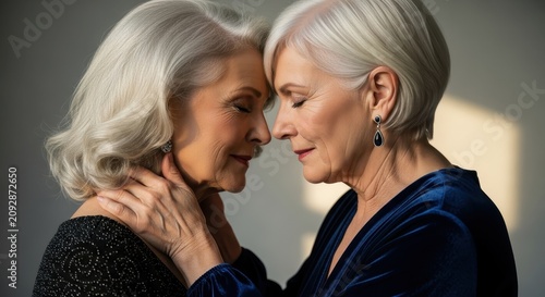 Elderly women sharing a tender moment together indoors.