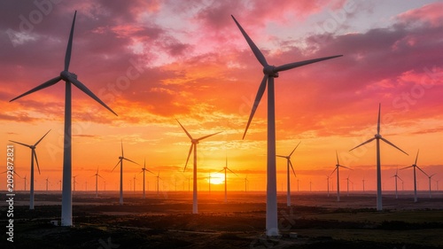 Foto Wind turbines field at dramatic sunset with colorful sky ideal for renewable ene