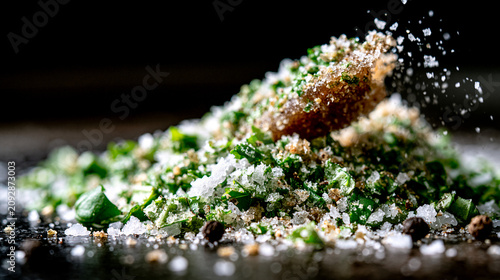 Sprinkling fine herbs and spices over a textured surface with depth of field sprinkling seasoning