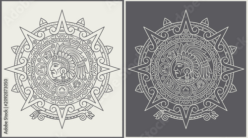 Illustrazione vettoriale del calendario azteco con dettagli intricati, raffigurante il sole e simboli antichi in stile lineare su sfondi chiari e scuri per design decorativi.