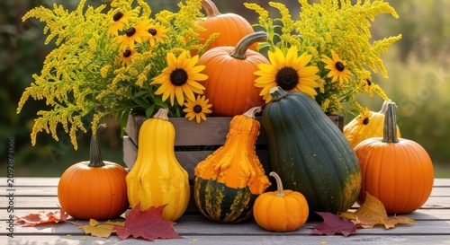 Autumn harvest display with pumpkins and sunflowers on wooden table.