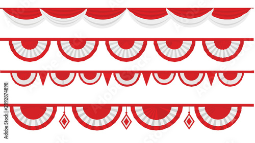 Indonesian flag bunting set, red and white decorative garlands for Independence Day, national celebration pennants and festive banners in SVG format isolated on White Background