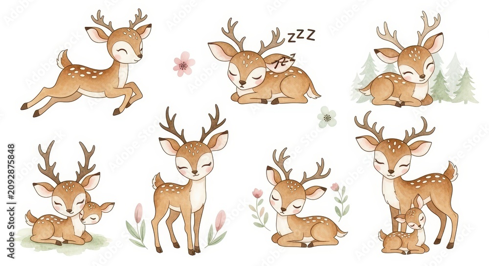 Fototapeta premium Cute Cartoon Deer Family in Watercolor Style.
