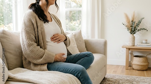 Pregnant woman sitting on a beige couch in a bright room cradling her belly with hands