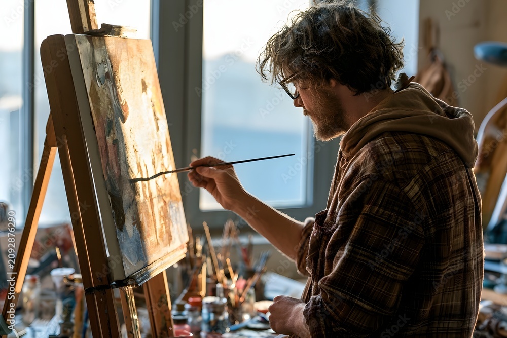 Fototapeta premium Artist Painting on Canvas in Sunlit Studio