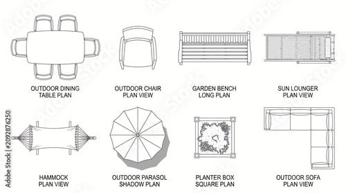 Architectural floor plan symbols for outdoor furniture and garden accessories.