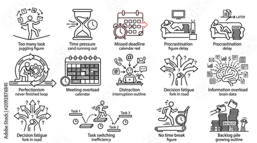 Set of productivity and time management icons illustrating common work challenges.