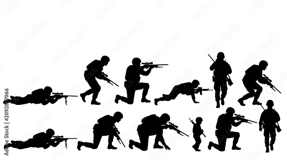 Obraz premium Set of silhouettes of soldiers in various tactical combat positions.