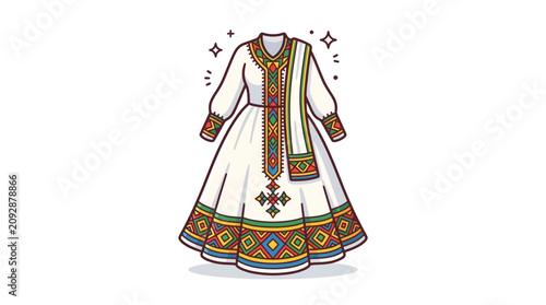 Elegant Woman Wearing Traditional East African Handwoven Attire with Colorful Embroidery Pattern