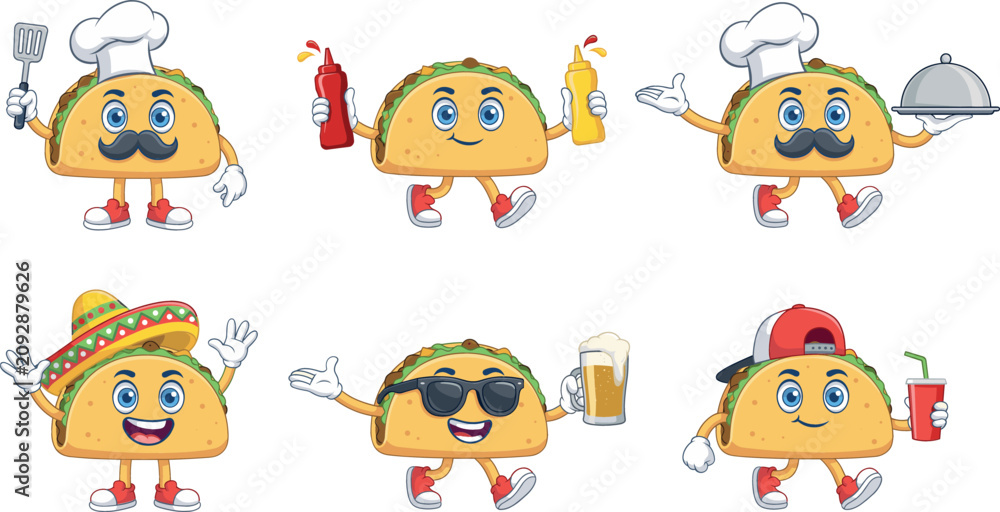 Obraz premium Funny Taco Mascot Cartoon Character Set Wearing Chef Hat, Sombrero, Sunglasses, Holding Mustard, Ketchup, Beer, and Soda Cups for Mexican Restaurant Vector Designs