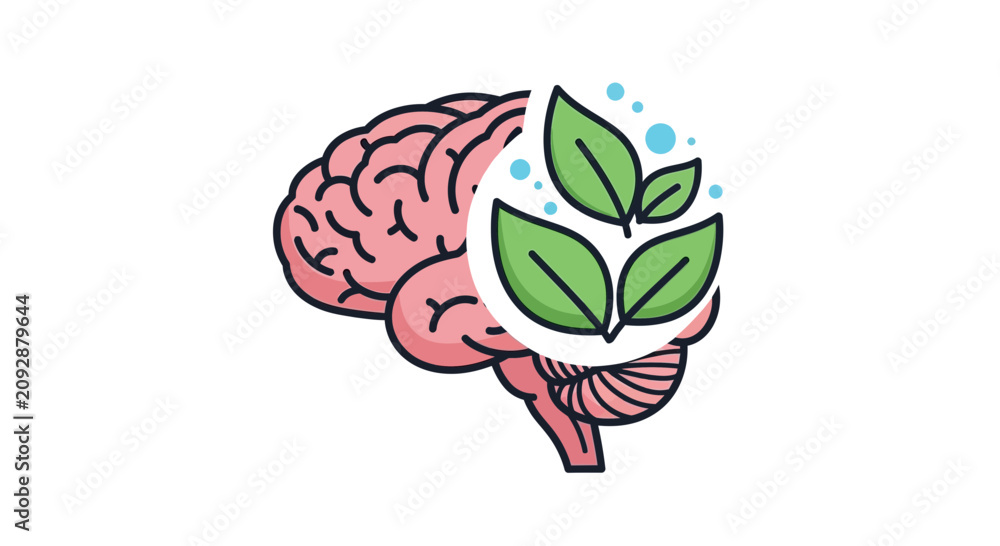 Fototapeta premium Brain and Green Leaves Icon: Healthy Mind, Nature, Growth Concepts