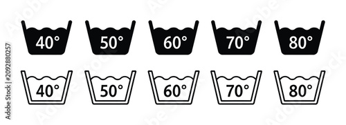 Temperature wash vector icon collection, washing instruction symbols from 20 to 90 degree Celsius, laundry care labels, garment cleaning guide signs, fabric maintenance graphics, modern flat vector