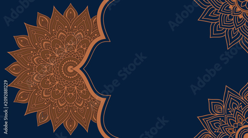 Sfondo elegante con motivi mandala color bronzo su una superficie blu scuro, ideale per inviti di nozze, biglietti di auguri di lusso e design decorativi orientali sofisticati.