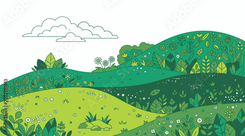 Illustrazione vettoriale di un paesaggio collinare stilizzato con piante verdi, foglie decorative e nuvole su sfondo bianco, ideale per design naturalistici e grafiche ecologiche.