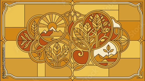 Illustrazione in stile art nouveau con motivi geometrici e floreali, raffigurante paesaggi stilizzati, montagne e foglie in una palette di colori caldi ocra, arancione e marrone.