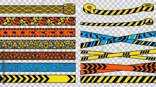 Set di nastri adesivi decorativi e di avvertimento con vari motivi grafici, icone di pericolo, strisce diagonali e texture colorate su sfondo trasparente per design creativo.