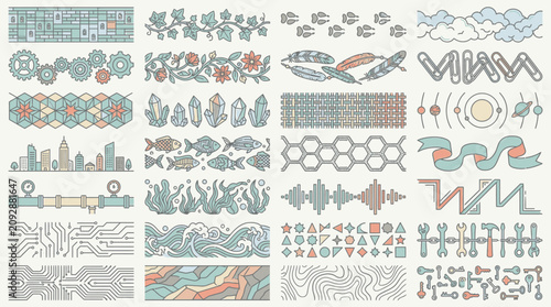 Set di bordi decorativi vettoriali con vari motivi grafici stilizzati, icone geometriche, elementi naturali, simboli tecnologici e disegni lineari per design creativo e progetti di layout
