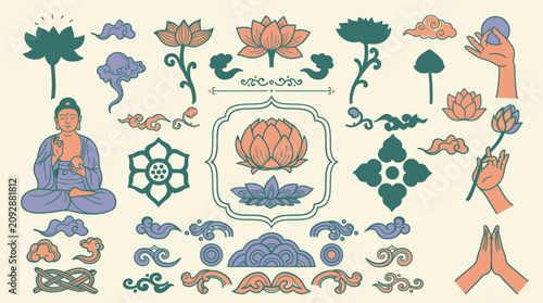 Illustrazione di elementi buddisti e simboli spirituali tra cui Buddha, fiori di loto, nuvole e mani giunte in preghiera.
