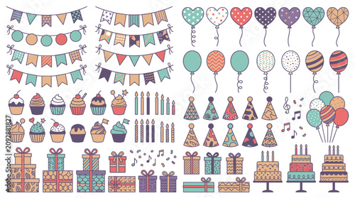 Illustrazione di elementi festivi come palloncini, cupcake, cappelli da festa, candele e torte per celebrazioni e compleanni.