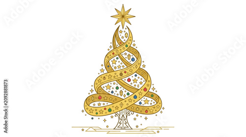 Albero di Natale stilizzato con nastro dorato decorato con stelle e palline colorate su sfondo bianco.