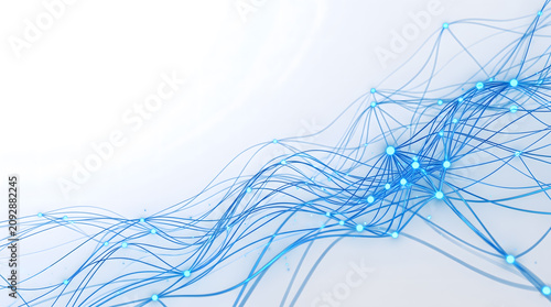  Abstract blue neural network background with glowing nodes and connecting lines on white