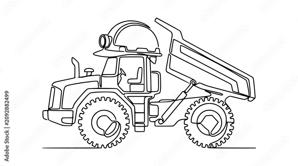 Obraz premium Construction Dump Truck with Hard Hat Icon, Continuous Line Drawing