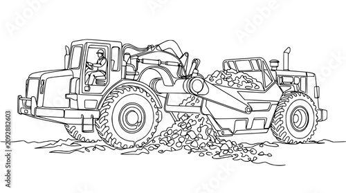 Fotografia Construction Scraper Vehicle Moving Soil and Rocks, Vector Line Art