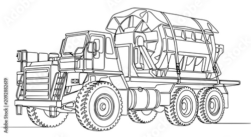 Quadro su tela Heavy Haul Truck with Large Industrial Equipment Cargo - Line Art Drawing