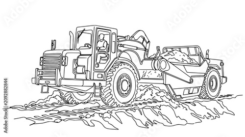 Canvastavla Construction Vehicle Excavator Moving Dirt on Dusty Ground, Line Art Drawing