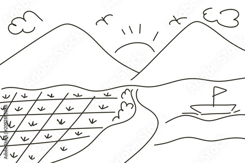Quadro em tela Hand Drawn Landscape with Mountains and Sailboat kids nostalgic naive art