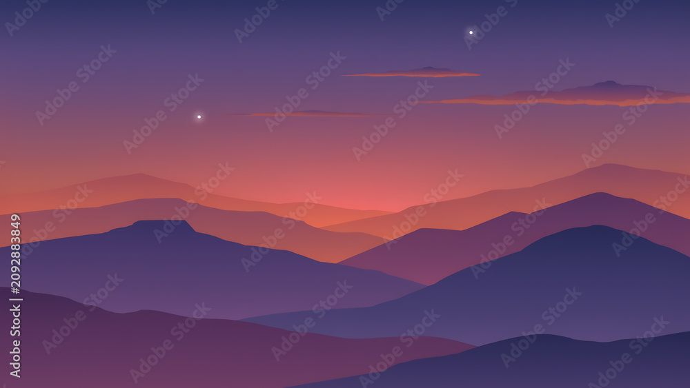 Fototapeta premium Layered mountain range illustration with a gradient sunset sky and two visible stars mountains hills landscape scenic purple pink