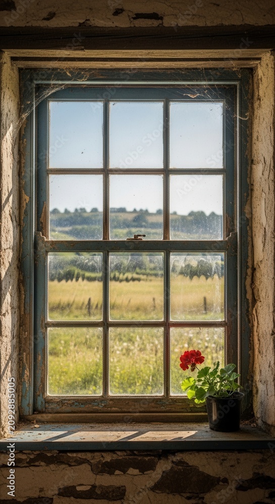 Fototapeta premium Rustic Window View of Rolling Countryside and Wildflowers.