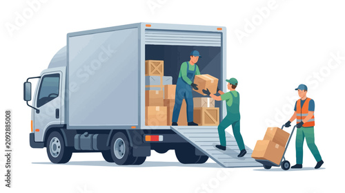 Logistics team unloading boxes from a delivery truck with a ramp