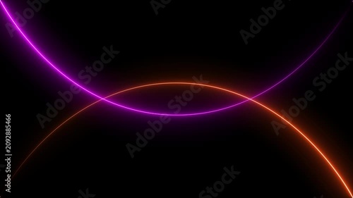 Abstract glowing neon light circles in purple and orange colors crossing on a dark black background