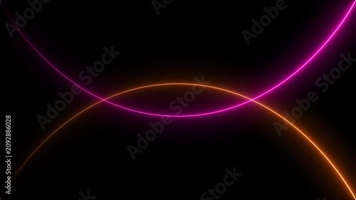 Glowing pink and orange neon light curves crossing on a dark black background creating an abstract digital pattern for futuristic technology and modern science motion graphic design concepts