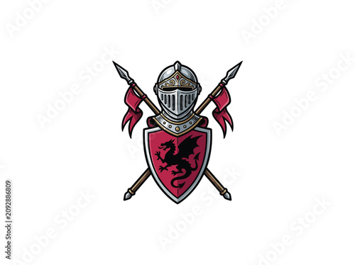 Tableau sur toile Detailed Medieval Knight Jousting Emblem With Ornate Silver Helmet, Red Shield B